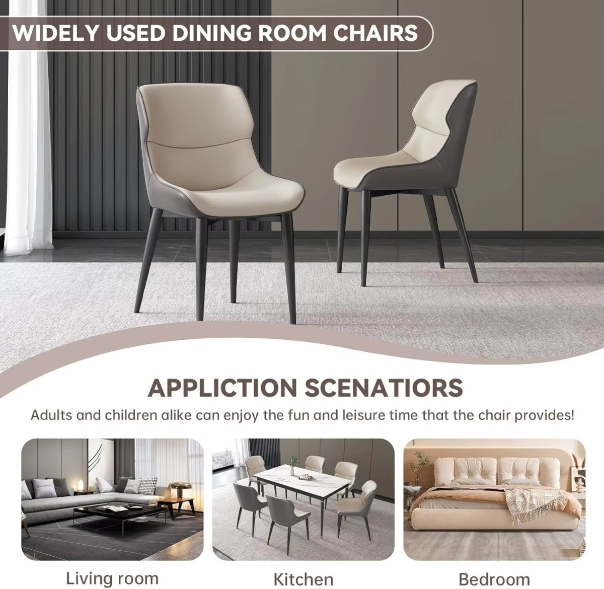 Light Grey Italian Minimal List Dining Chairs PU Retro Chair Cafe Kitchen Modern Metal Legs x2