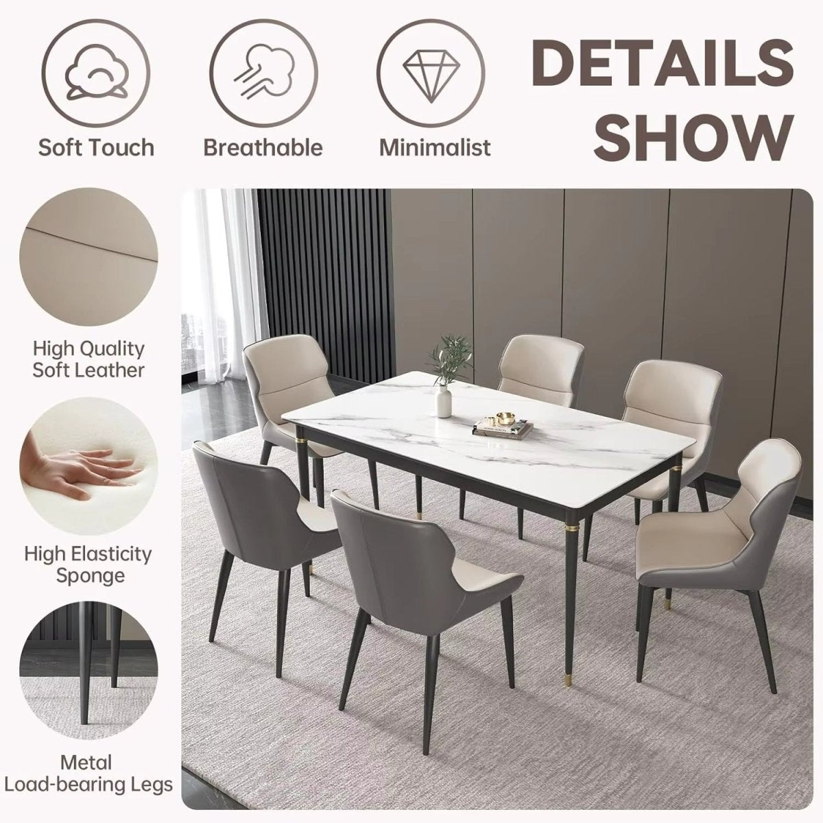 Light Grey Italian Minimal List Dining Chairs PU Retro Chair Cafe Kitchen Modern Metal Legs x2