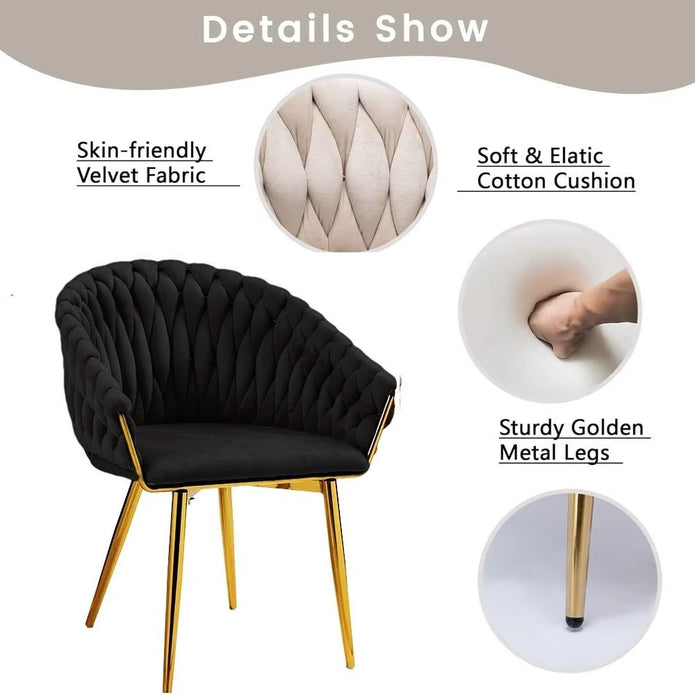 SERENITà Black Modern Velvet Dining Chairs, Upholstered Living Room Chair with Woven Back and Golden Metal Legs, Mid-Century Accent Set of 2