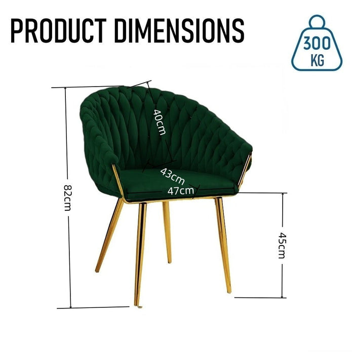 SERENITà Emerald Green Modern Velvet Dining Chairs, Upholstered Living Room Chair with Woven Back and Golden Metal Legs, Mid-Century Accent Set of 2