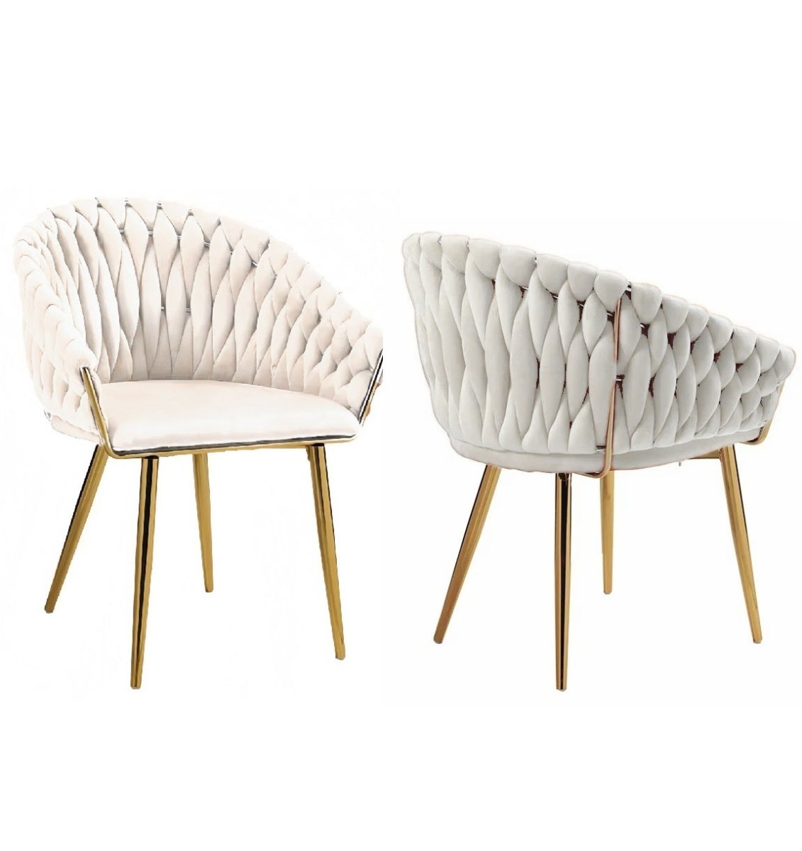 SERENITà Ivory Modern Velvet Dining Chairs, Upholstered Living Room Chair with Woven Back and Golden Metal Legs, Mid-Century Accent Set of 2