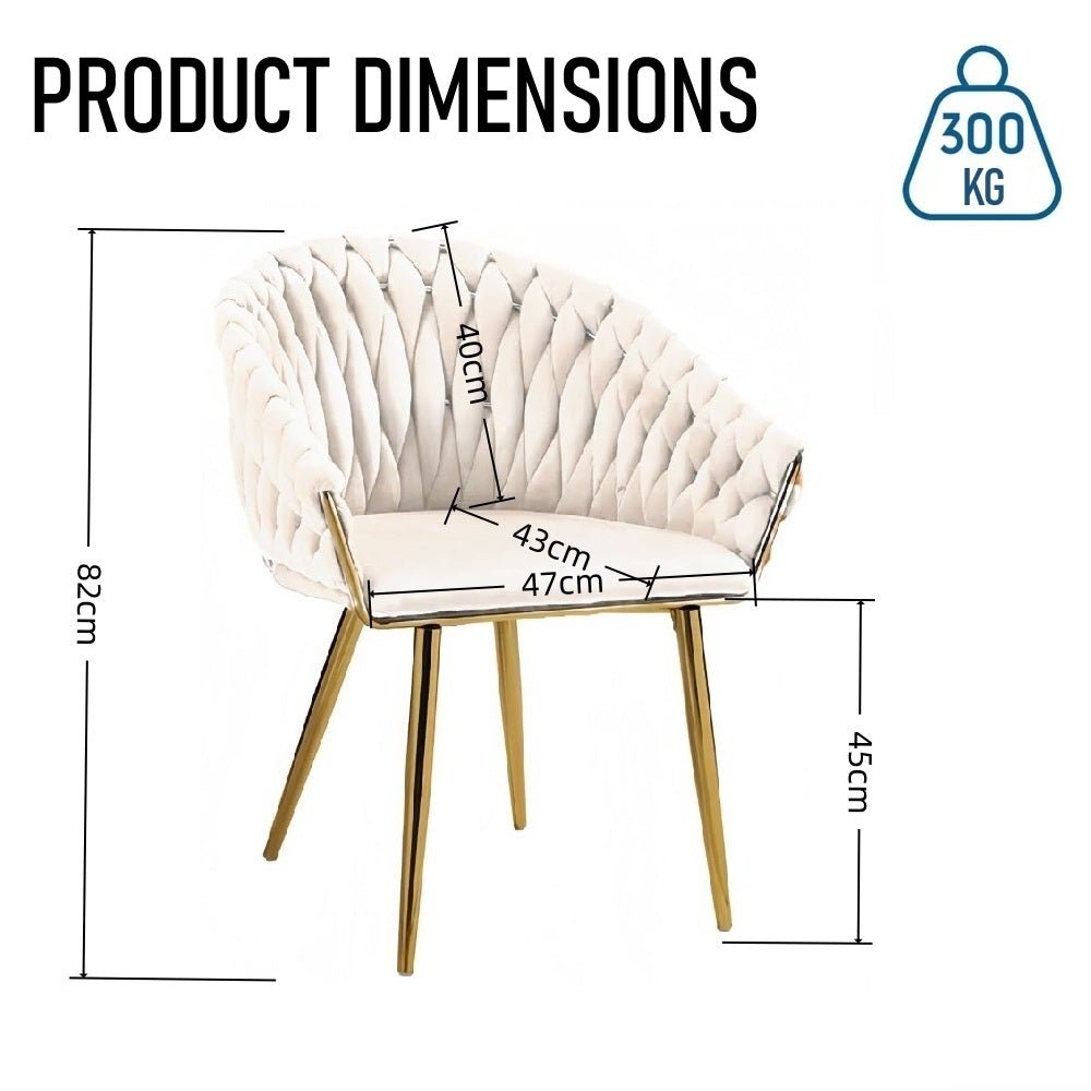 SERENITà Ivory Modern Velvet Dining Chairs, Upholstered Living Room Chair with Woven Back and Golden Metal Legs, Mid-Century Accent Set of 2