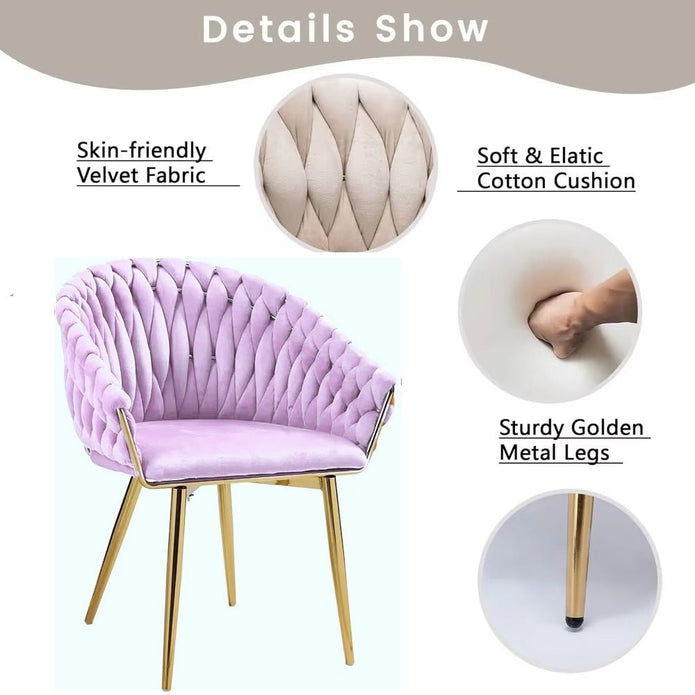 SERENITà Pink Modern Velvet Dining Chairs, Upholstered Living Room Chair with Woven Back and Golden Metal Legs, Mid-Century Accent Set of 2