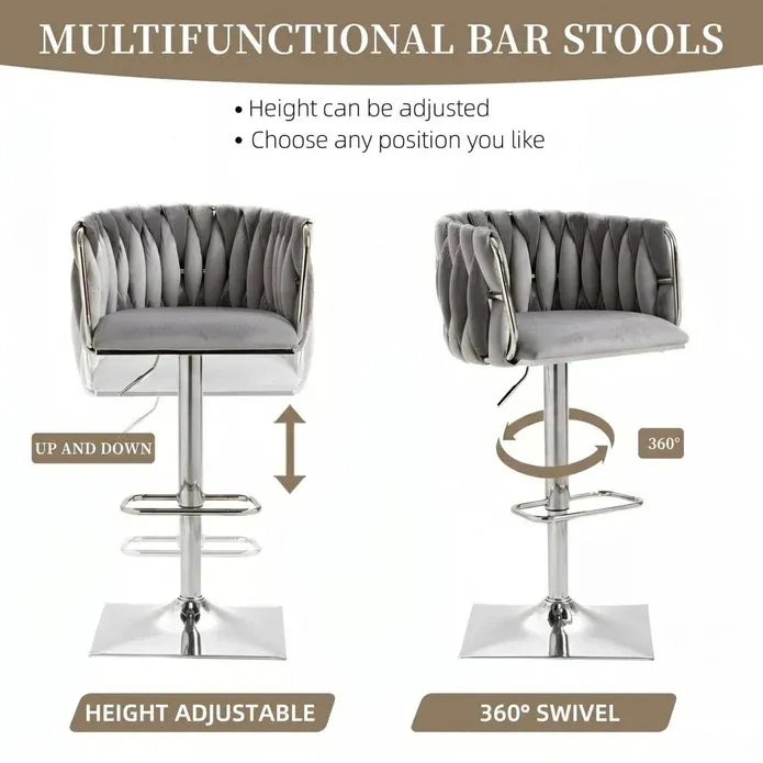 SERENITà Modern Velvet Breakfast Bar Stools Swivel Barstools Adjustable Counter Stools with Backrest (Silver-Grey)