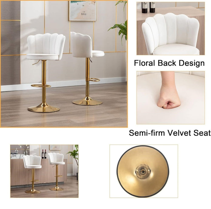 SERENITà Swivel Bar Stools Bar Height Set of 2 Adjustable Upholstered Counter Barstool Velvet Bar Chairs with Back/Gold Base for Kitchen Island/Bar/Cafe-White
