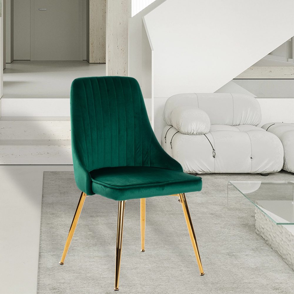 Viva Forever Set of 2 Green Velvet Dining Chairs-Art Deco Design with Gold Metal Legs