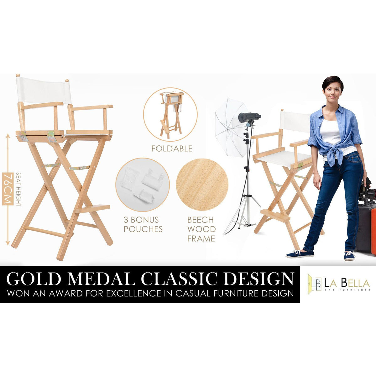 Director Movie Folding Tall Chair 76cm Beech WOOD HUMOR