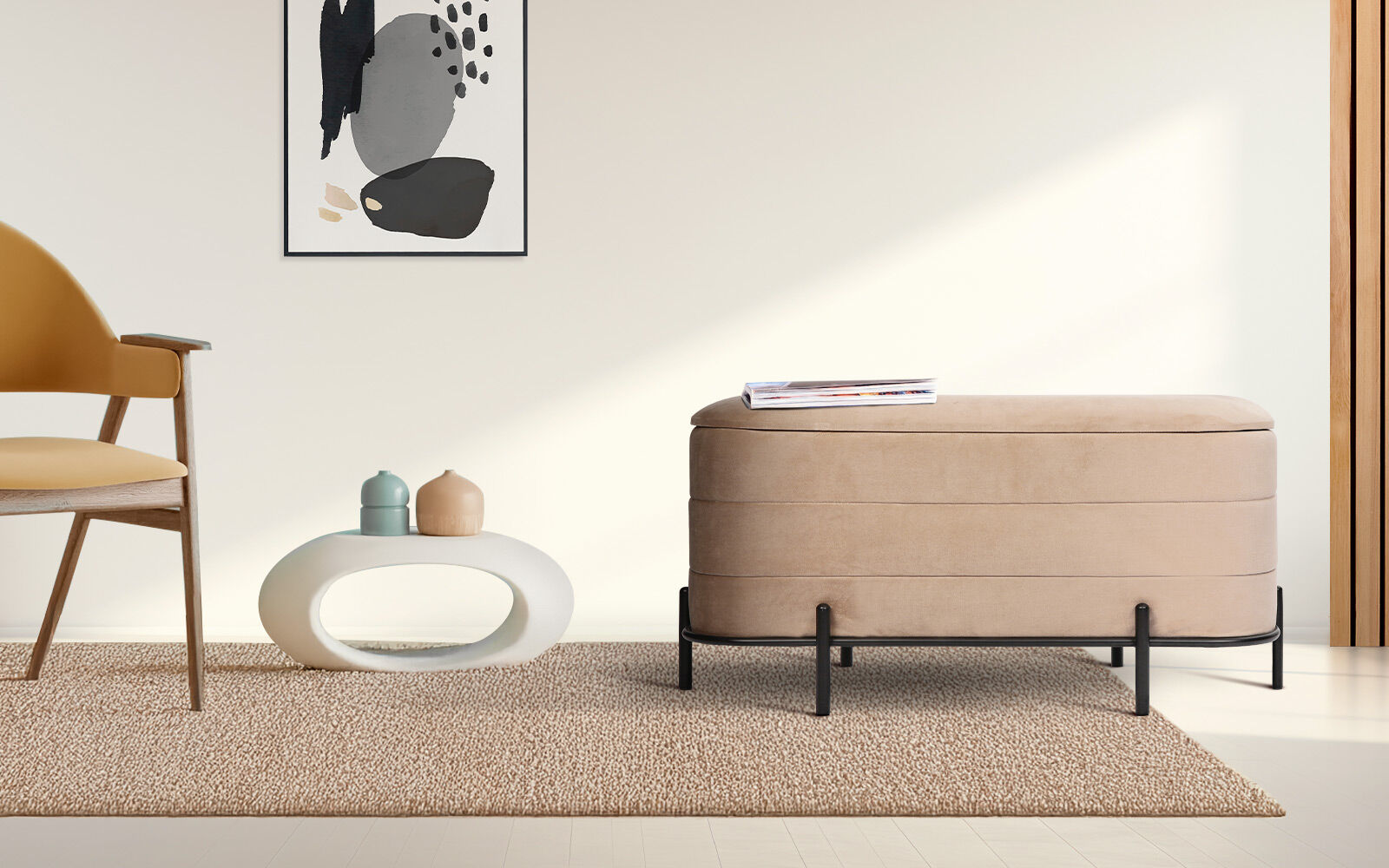 La Bella Coffee Table Storage Ottoman - Velvet Blanket Box Bench REMI - CAMEL BEIGE
