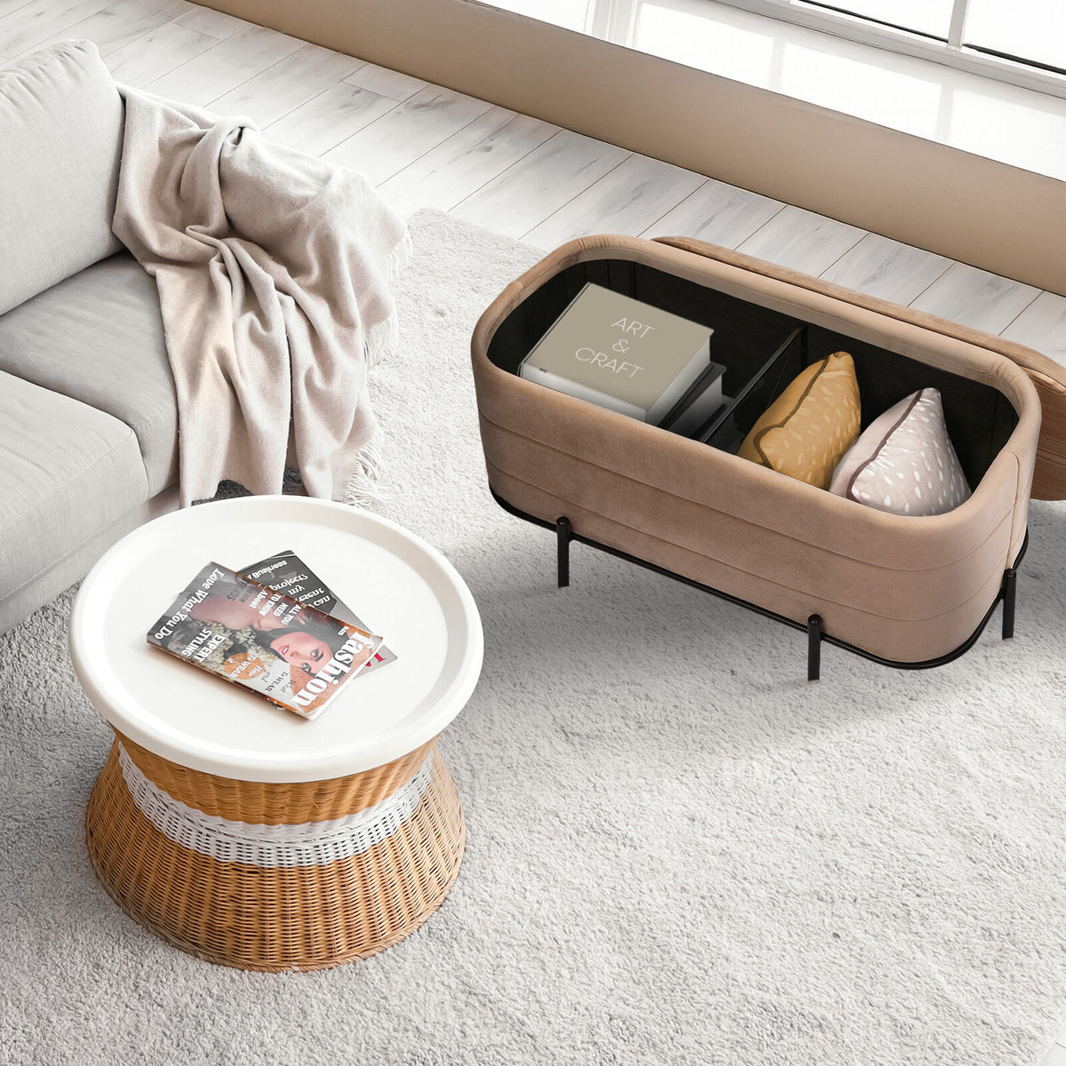La Bella Coffee Table Storage Ottoman - Velvet Blanket Box Bench REMI - CAMEL BEIGE