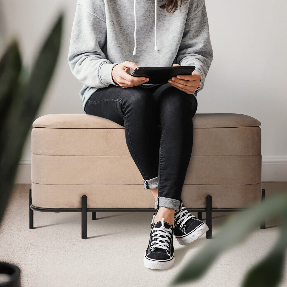 La Bella Coffee Table Storage Ottoman - Velvet Blanket Box Bench REMI - CAMEL BEIGE