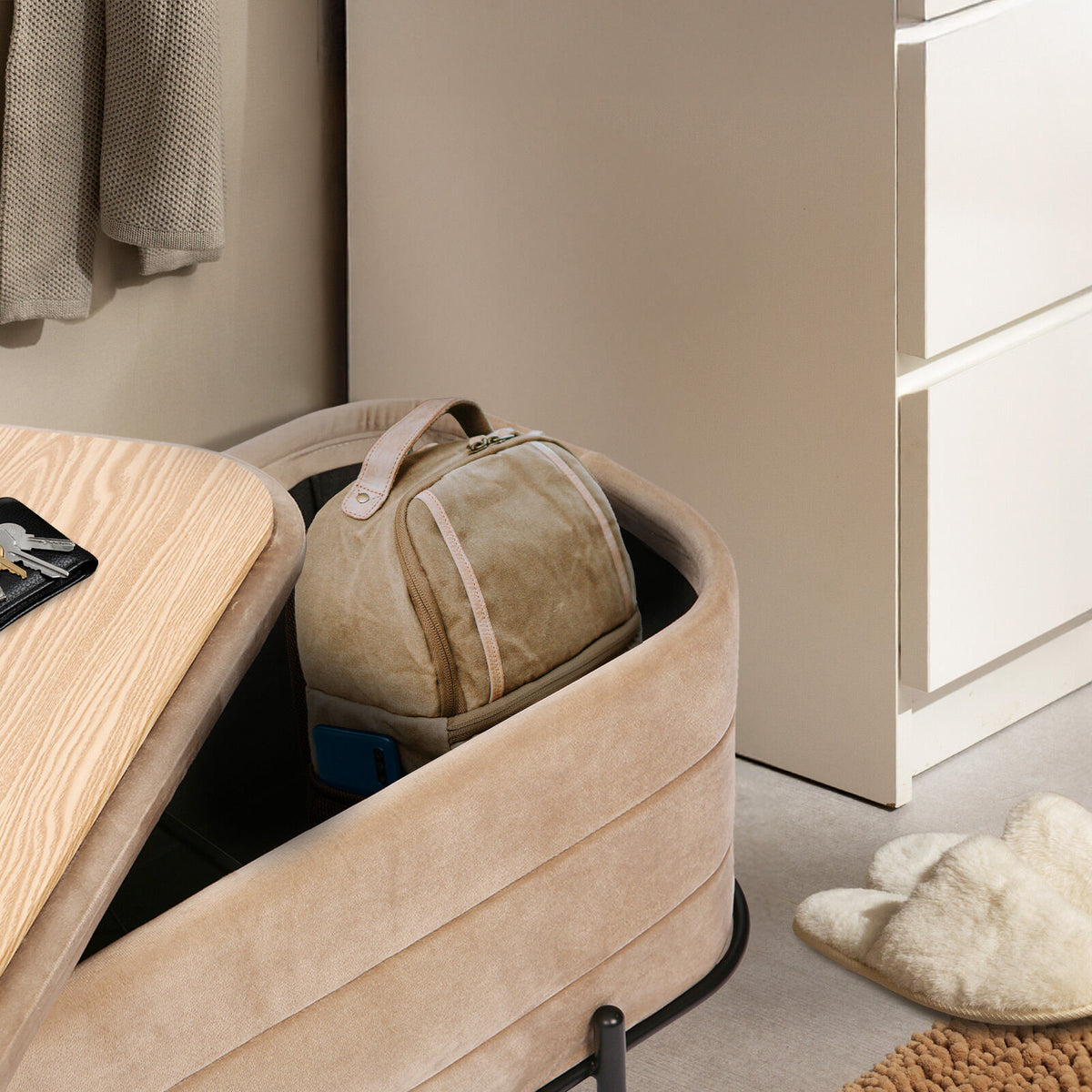 La Bella Coffee Table Storage Ottoman - Velvet Blanket Box Bench REMI - CAMEL BEIGE