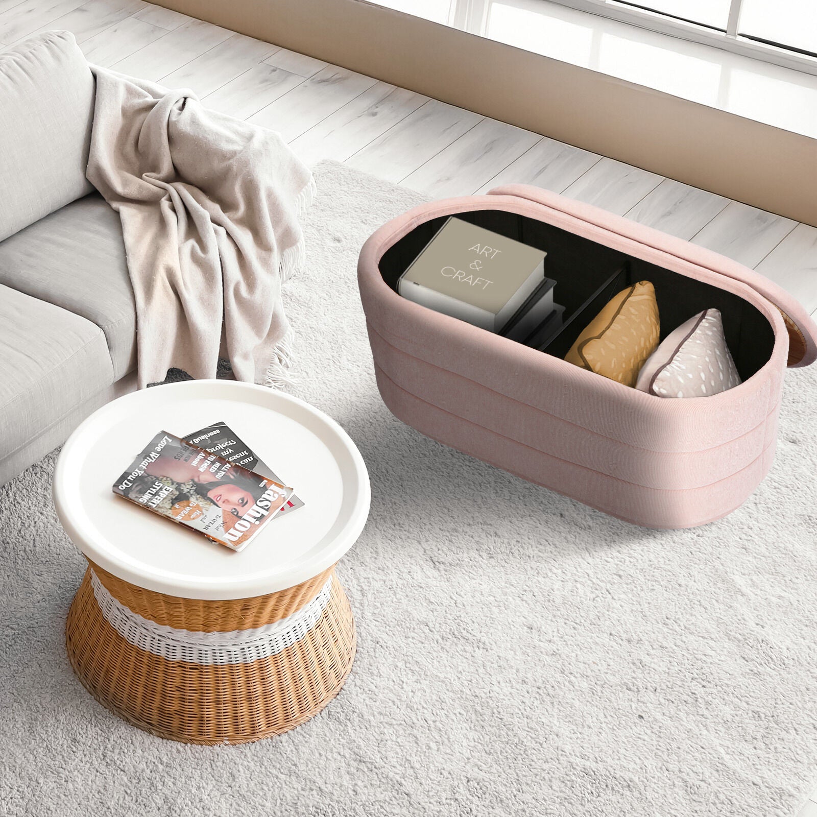 Coffee Table Storage Ottoman - Chenille Fabic Padded Blanket Box Bench CELIA - PINK