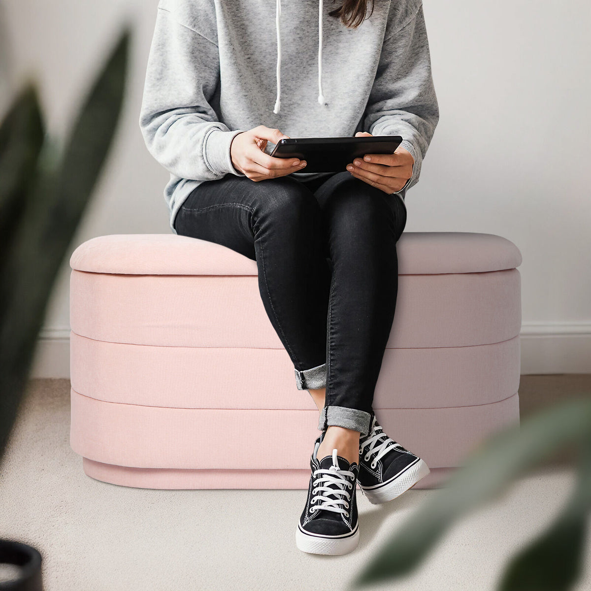 Coffee Table Storage Ottoman - Chenille Fabic Padded Blanket Box Bench CELIA - PINK