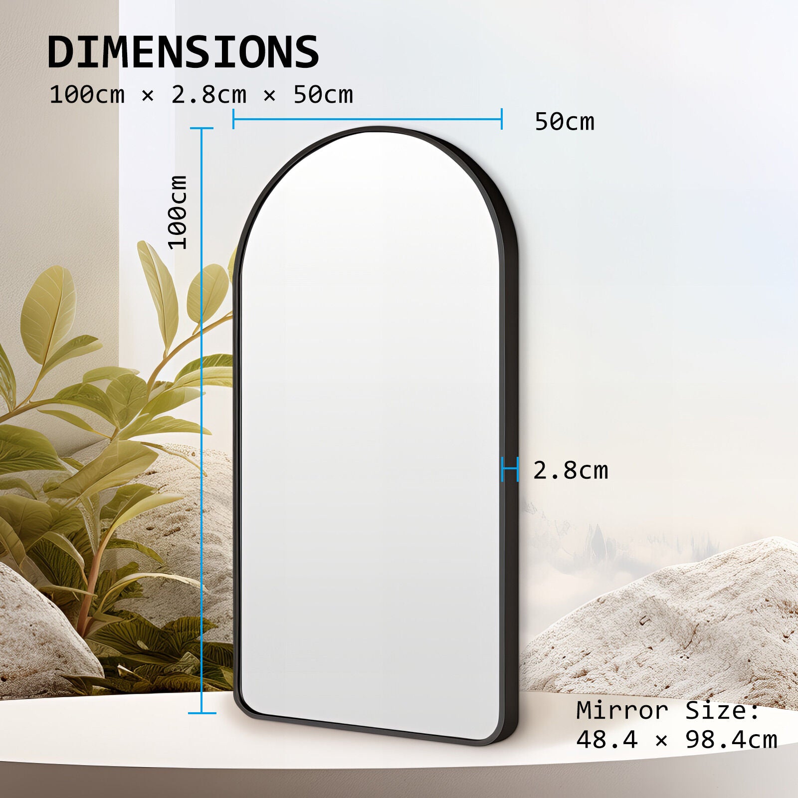 2 Set Wall Arch Mirror Arc Aluminum Frame Bathroom 50x100cm BLACK