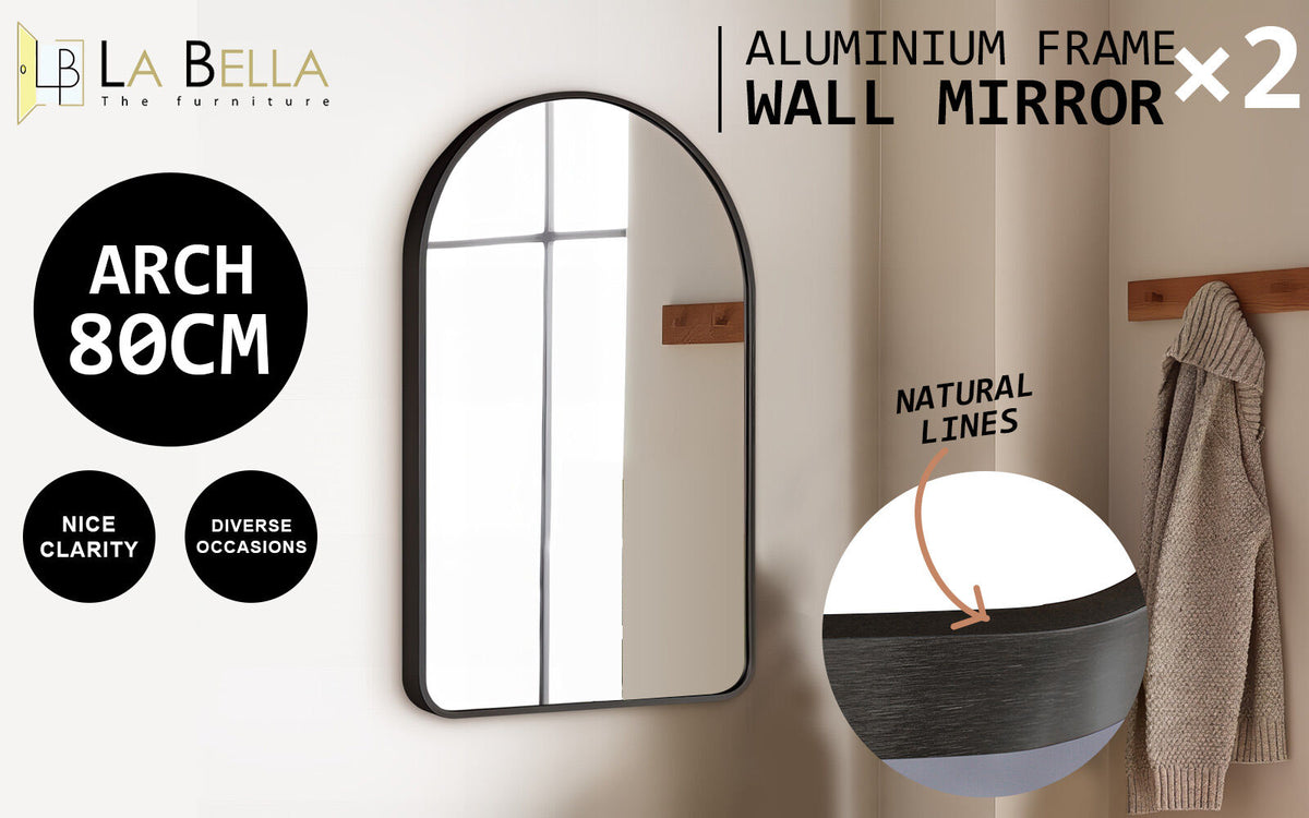 2 Set Wall Arch Mirror Arc Aluminum Frame Bathroom 50x80cm BLACK
