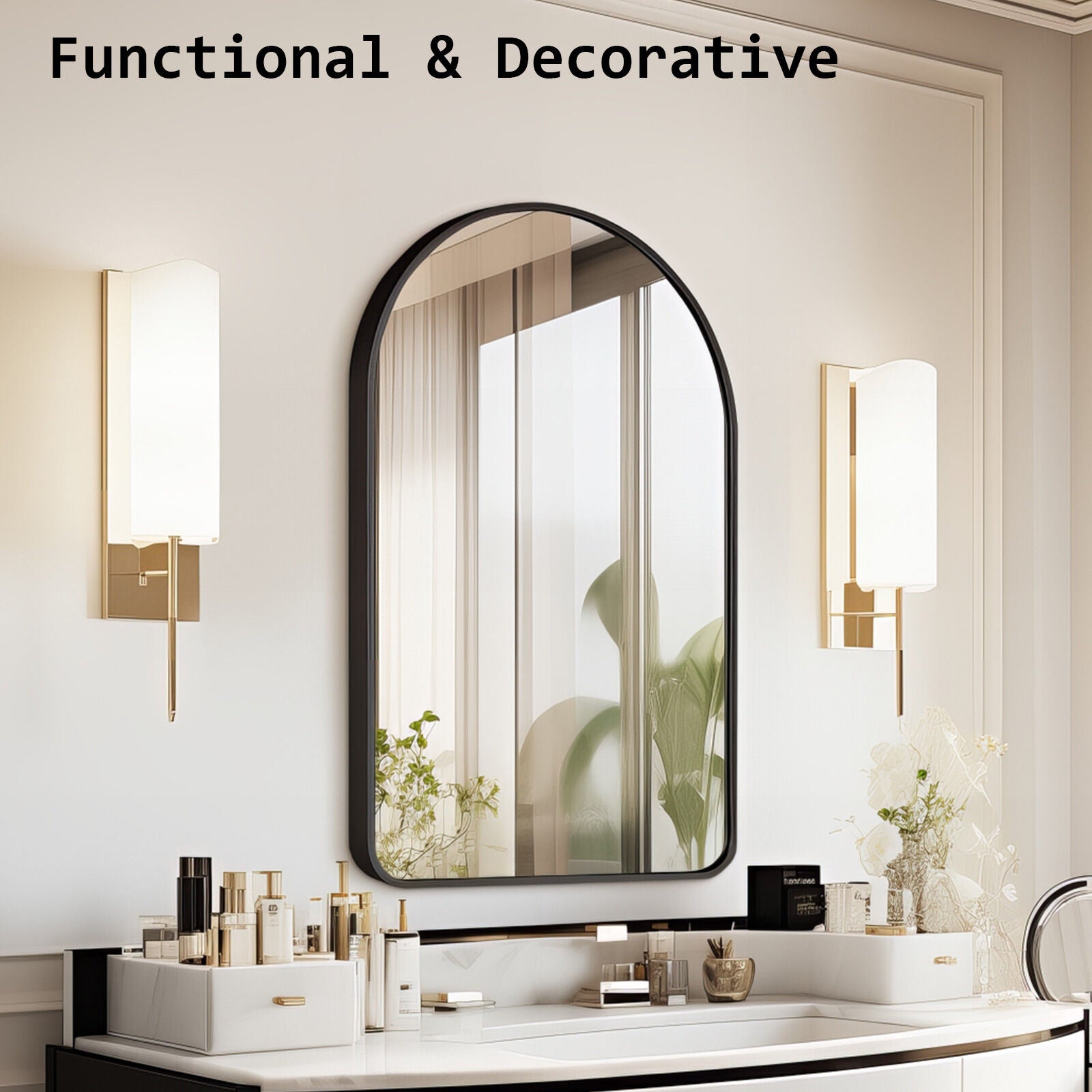 2 Set Wall Arch Mirror Arc Aluminum Frame Bathroom 50x80cm BLACK