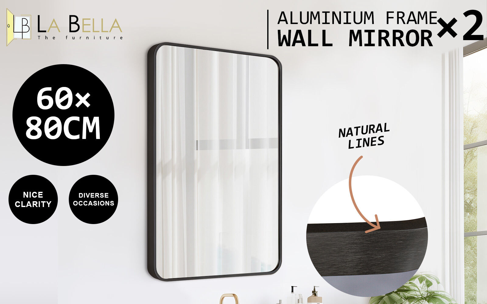 2 Set Wall Mirror Rectangular Aluminum Frame Bathroom 60x80cm BLACK