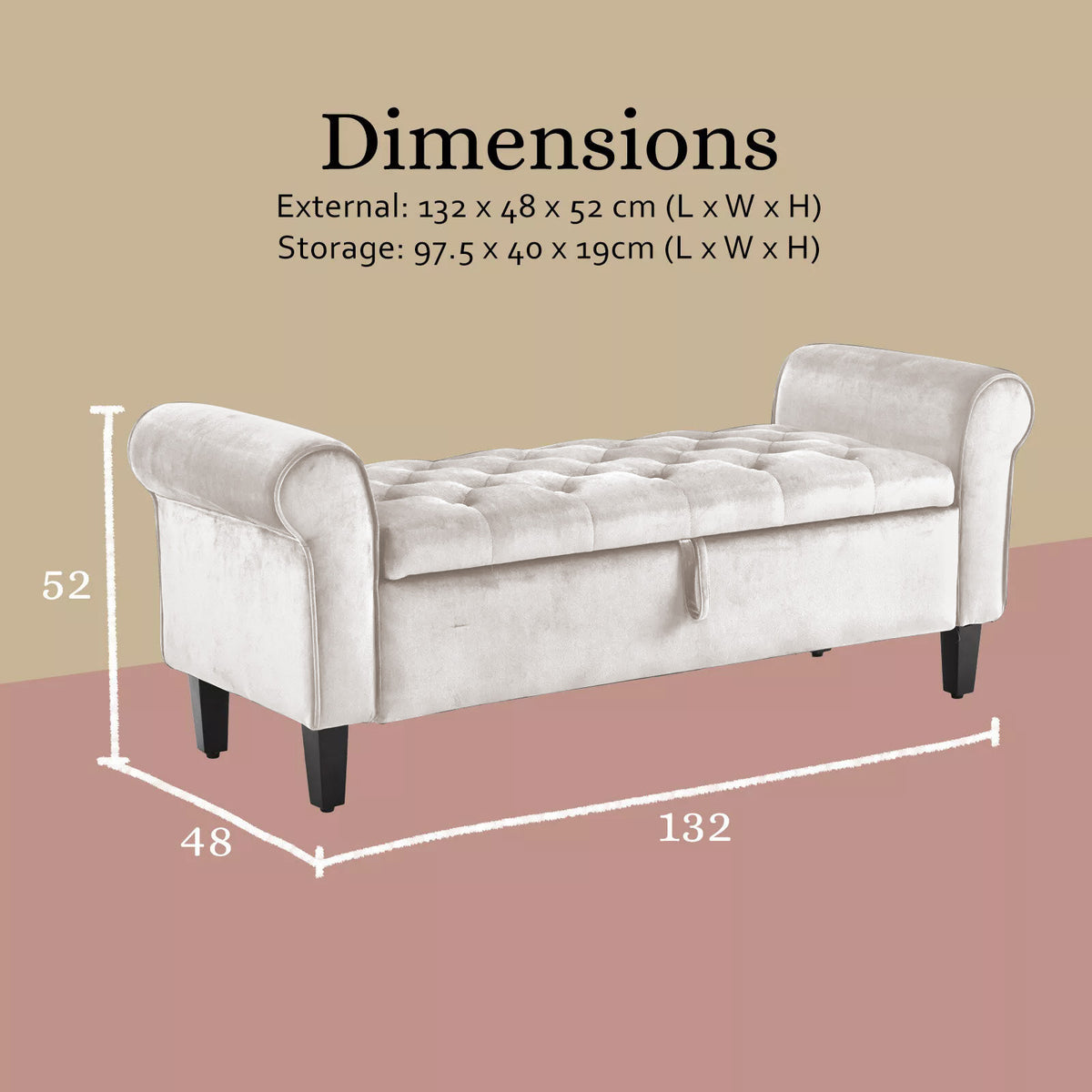Storage Ottoman Stool Arm Bench Seat 132cm Velvet BEIGE