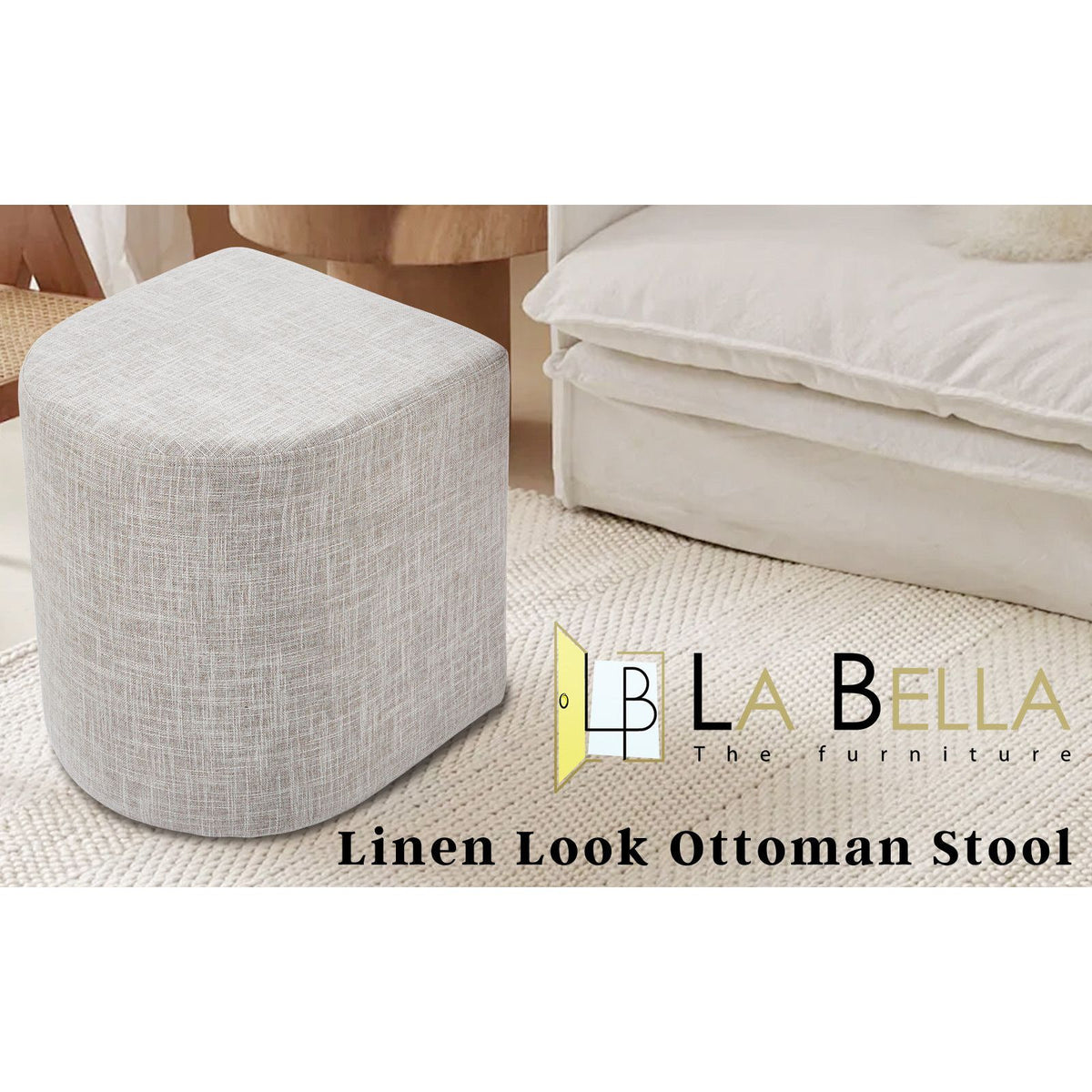Ottoman Stool Linen Fabric Footstool Foot Rest Pouffe Pouf Seat - Cream Grey