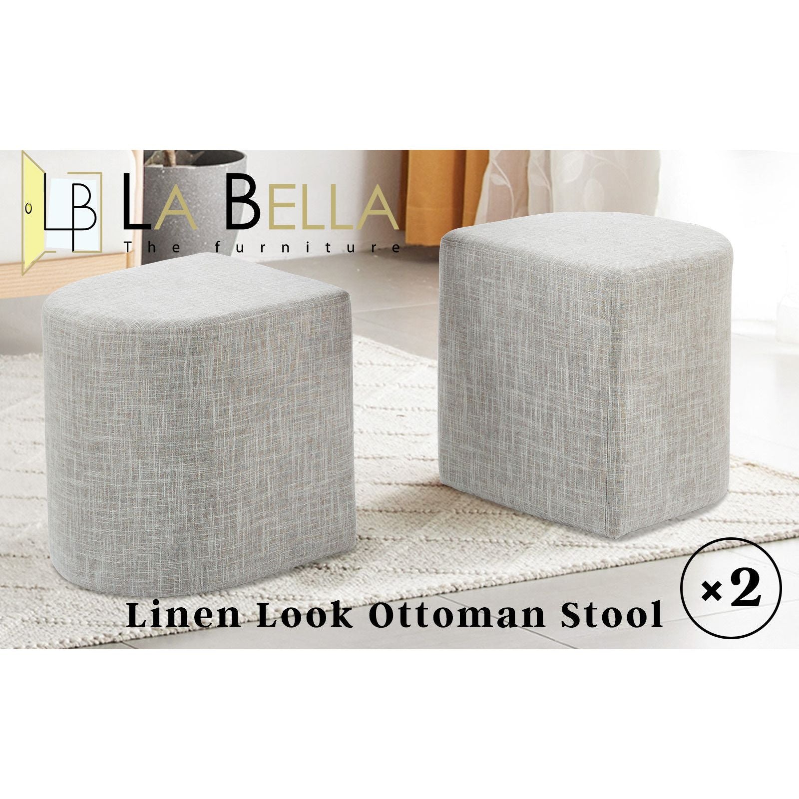 2X Ottoman Stool Linen Fabric Footstool Foot Rest Pouffe Pouf Seat - Cream Grey