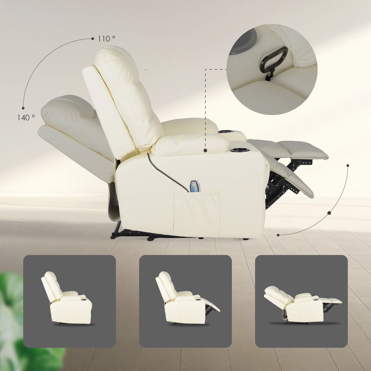 8-Point Electric Massage Recliner Chair - PU Leather Lounge Sofa Armchair ARLEEN BEIGE