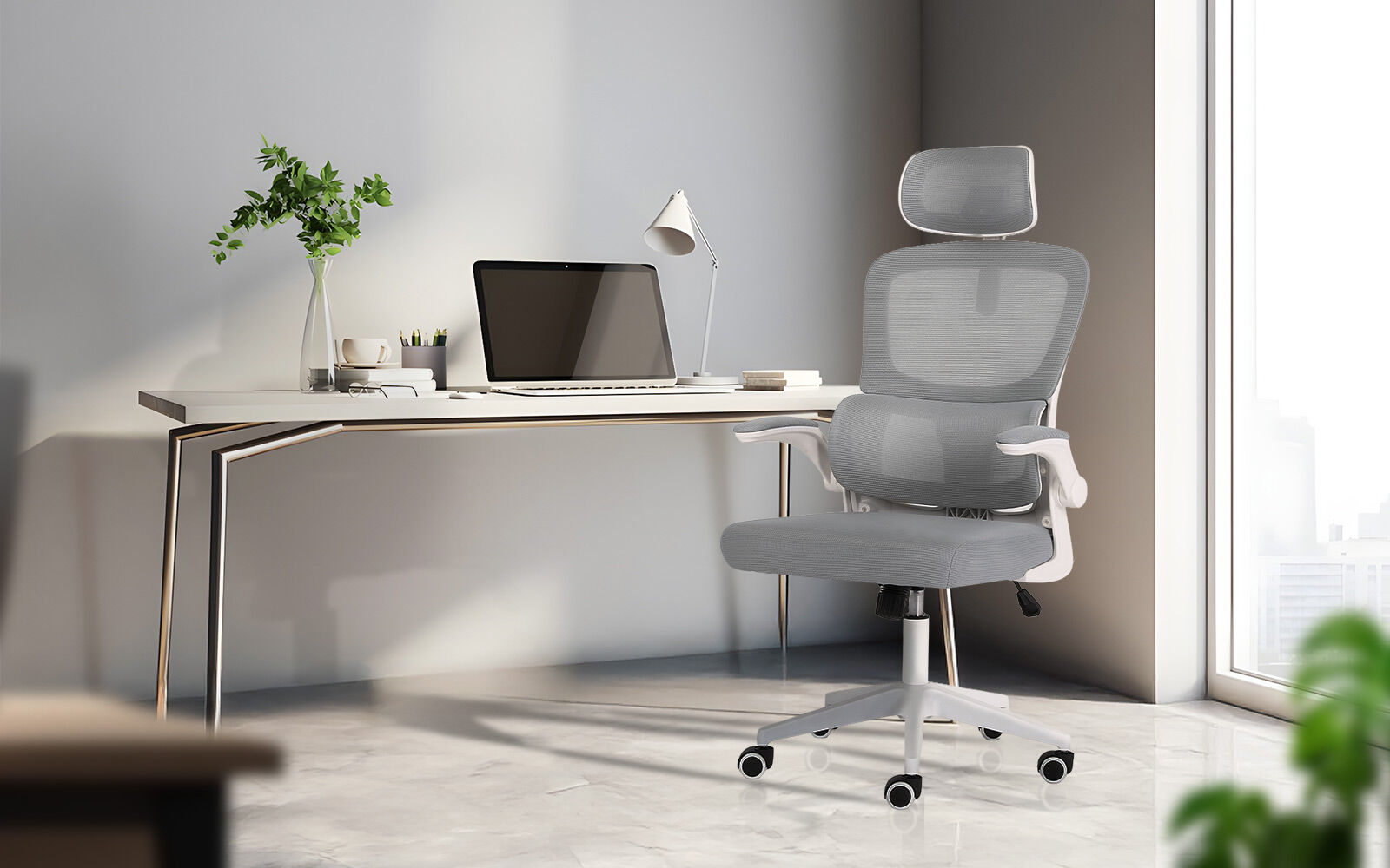 Work Office Chair - Lumber Support, Flip-up Armrest, Adjustable Headrest SITIO - GREY