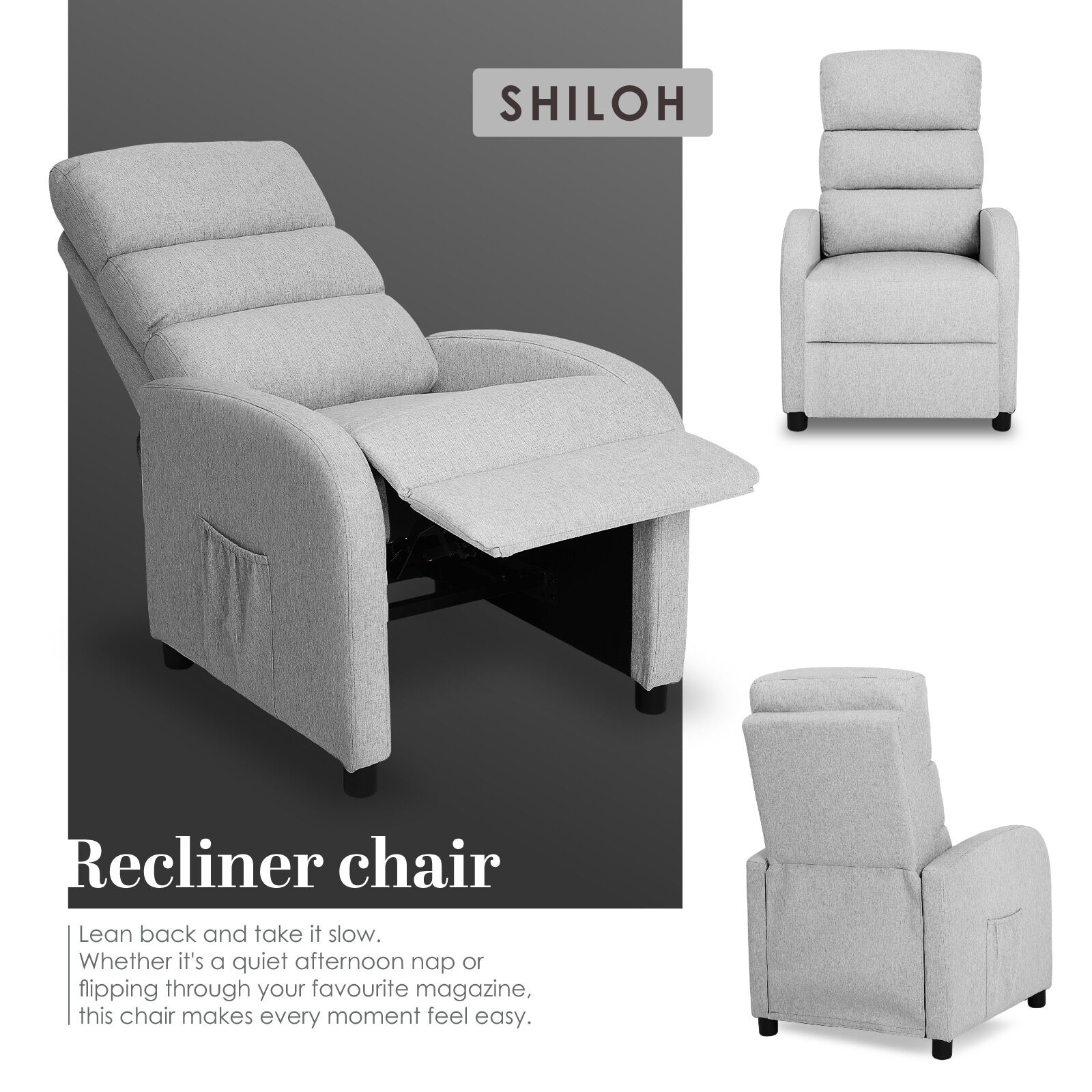 Home Recliner Chair - Linen Fabric Sofa Lounge Armchair SHILOH GREY