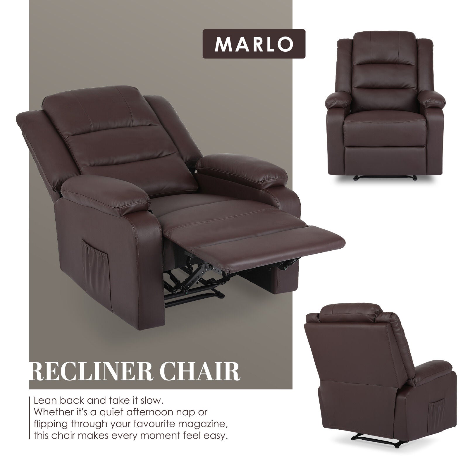 Home Recliner Chair - PU Leather Sofa Lounge Armchair MARLO BROWN