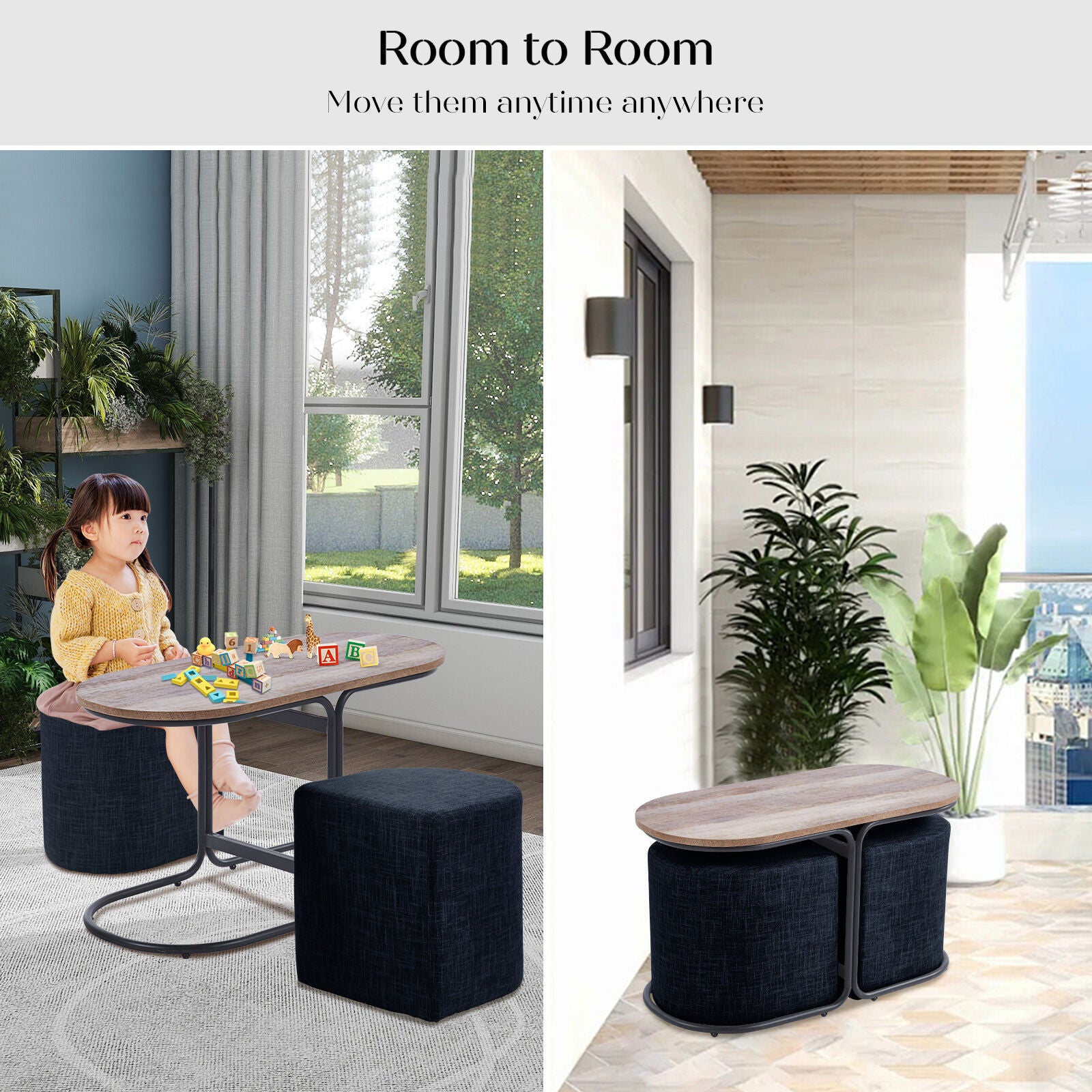 3 Piece Set Coffee Table & Ottoman Wood Side End Table Industrial - Black