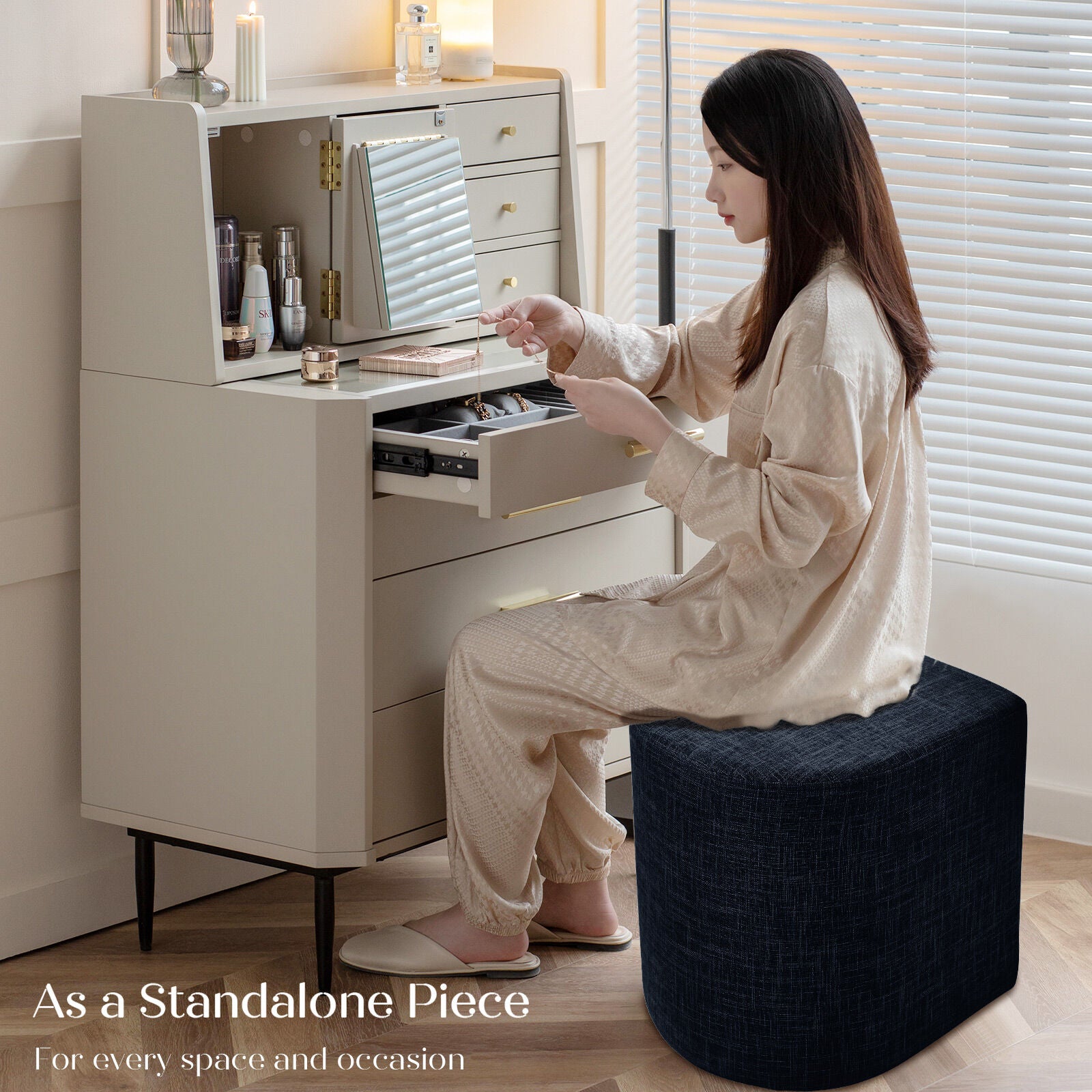 3 Piece Set Coffee Table & Ottoman Wood Side End Table Industrial - Black