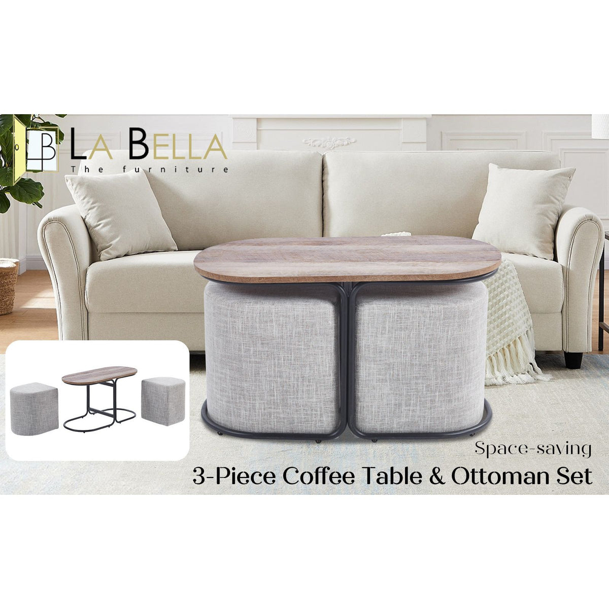 3 Piece Set Coffee Table & Ottoman Wood Side End Table Industrial - CREAM