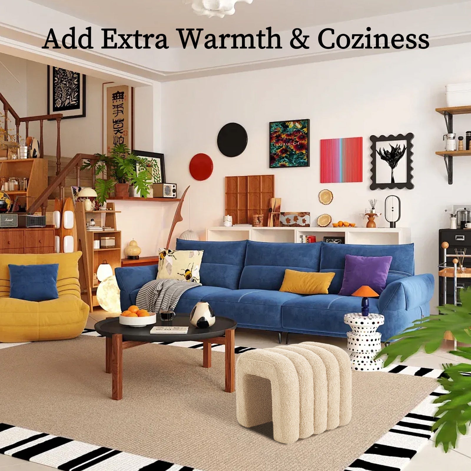 2X Ridge Arch Ottoman Stool Teddy Fleece Fabric Foot Rest 45cm BEIGE