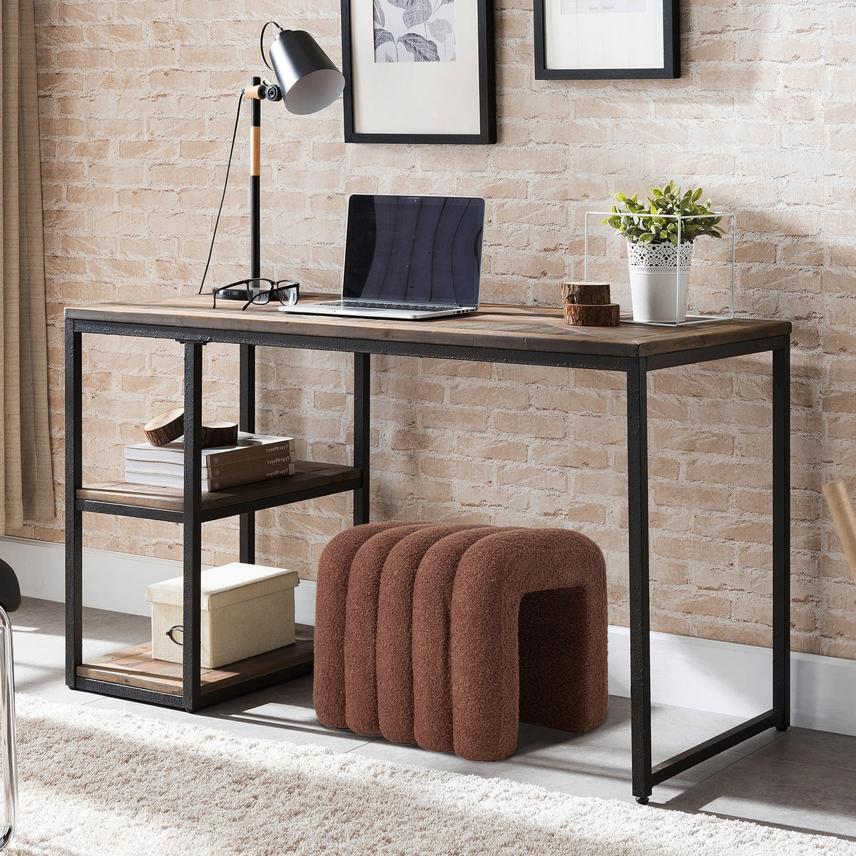 Ridge Arch Ottoman Stool Teddy Fleece Fabric Foot Rest 45cm BROWN