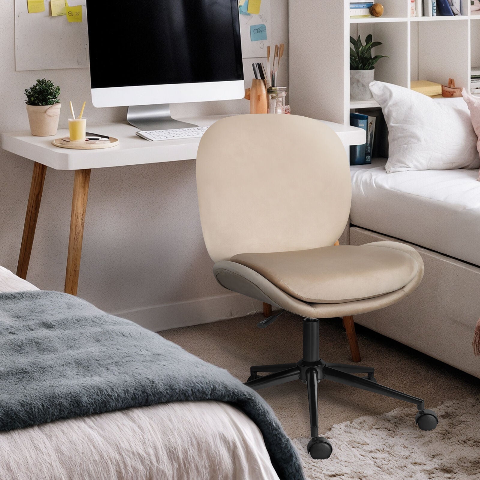 Office Desk Chair - Velvet Armless Swivel Study Seat OVOID PALE KHAKI