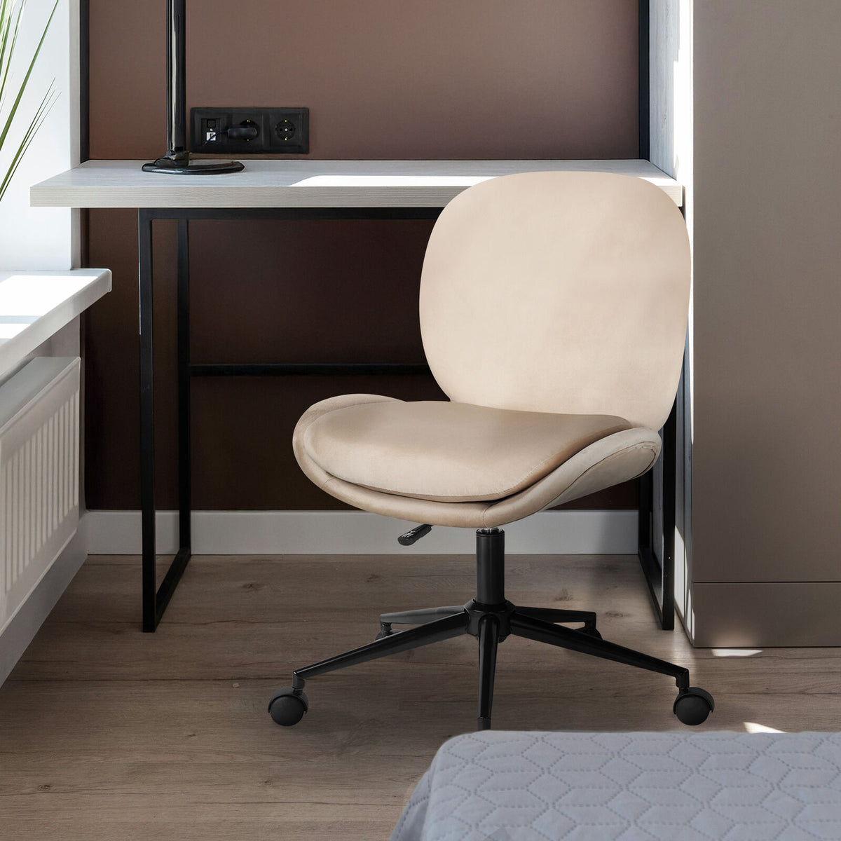 Office Desk Chair - Velvet Armless Swivel Study Seat OVOID PALE KHAKI
