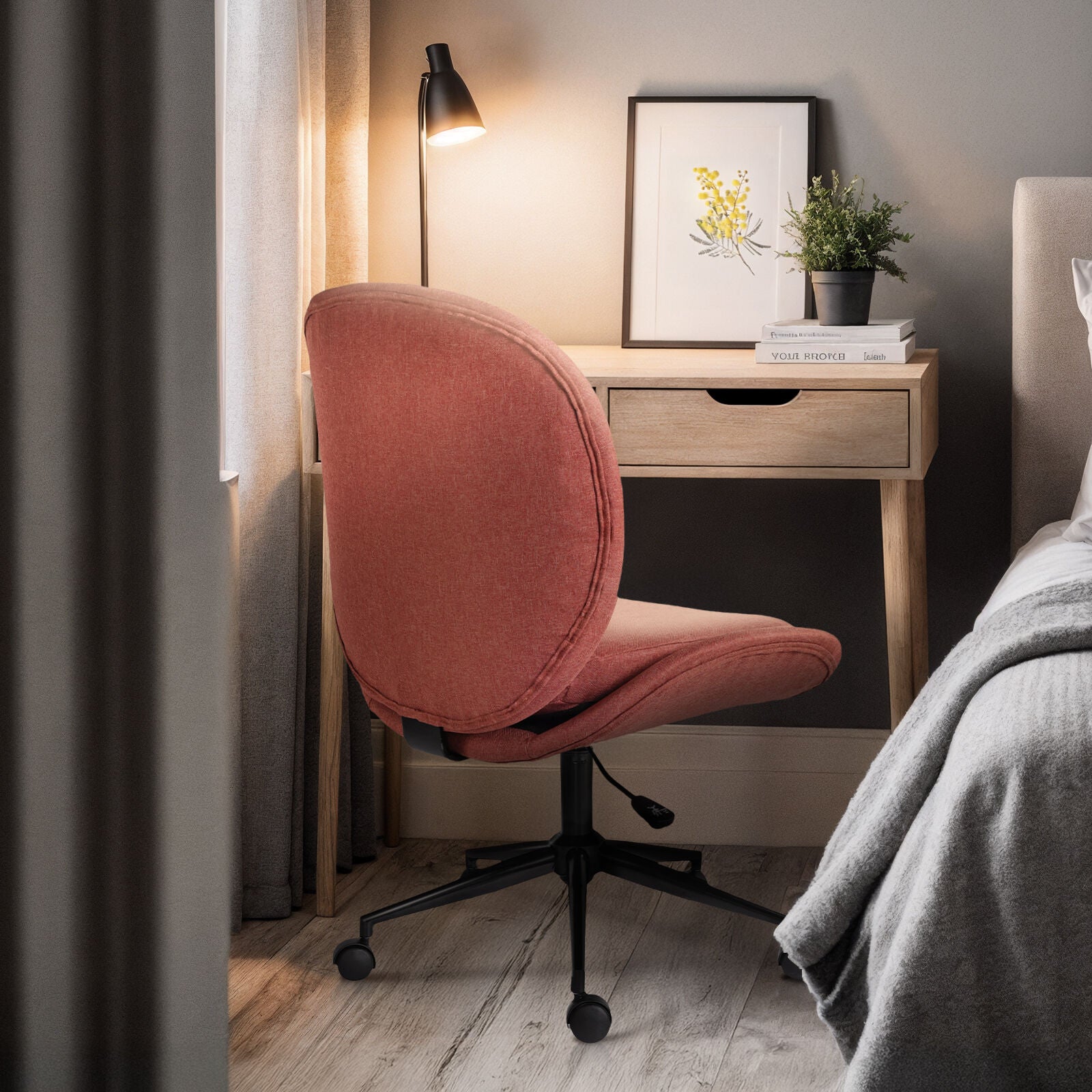 Office Desk Chair - Linen Fabric Armless Swivel Study Seat OVOID EARTHY RED