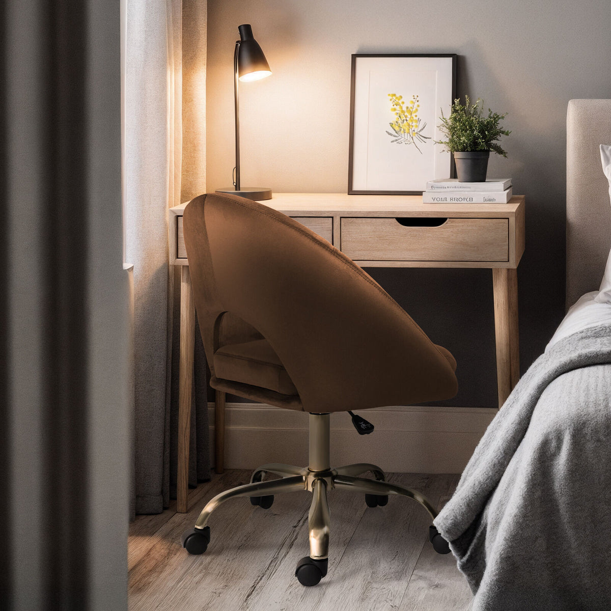 Office Desk Chair - Velvet Home Office Swivel Computer Seat COVE BROWN
