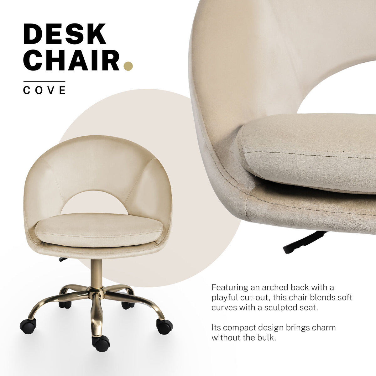 Office Desk Chair - Velvet Home Office Swivel Computer Seat COVE CREAM