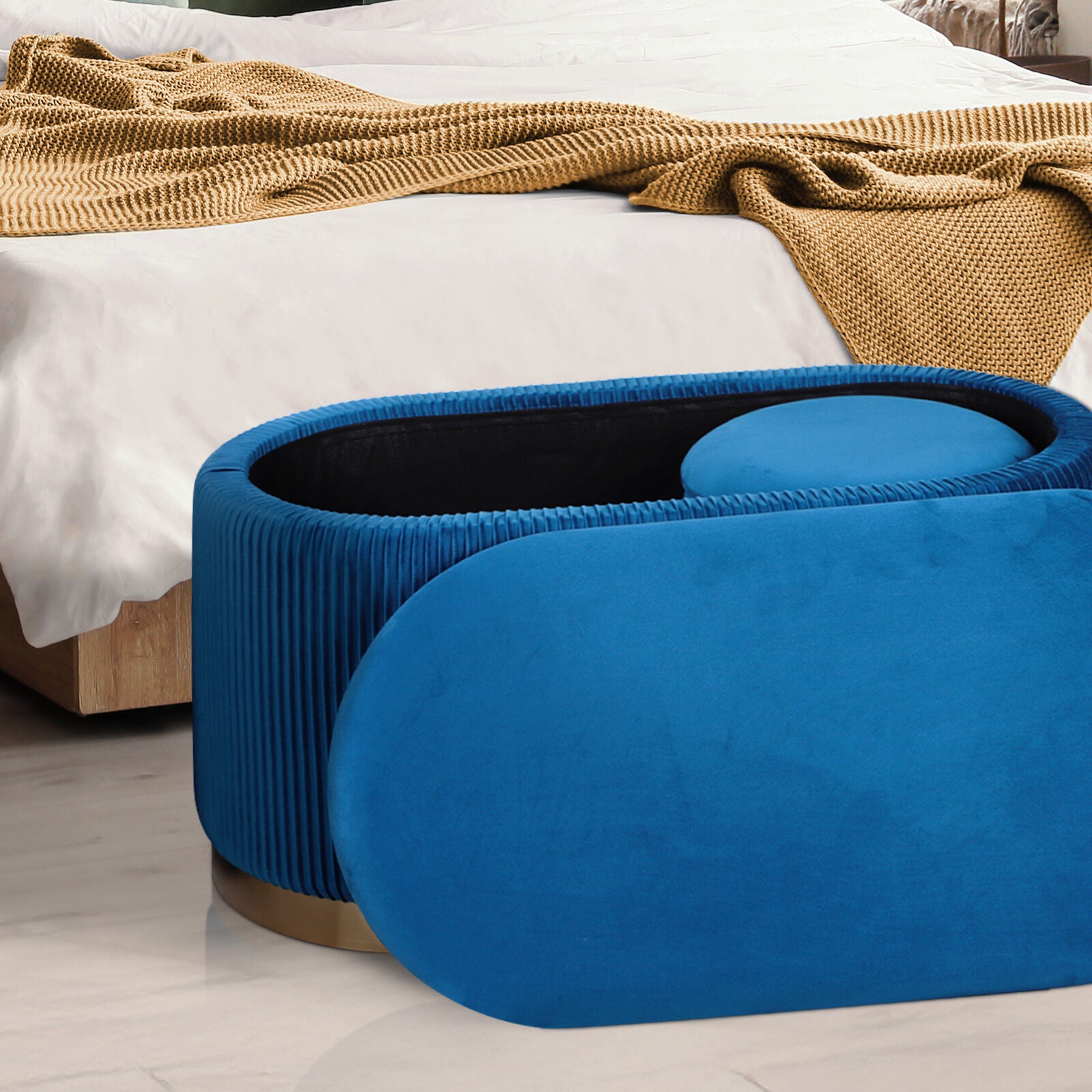 3 Piece Set Storage Ottoman - Blanket Box Velvet Padded Bench Stool FAYE BLUE