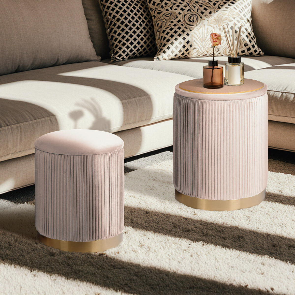 2X Side Table Storage Ottoman - Velvet Stool MIRA Cream