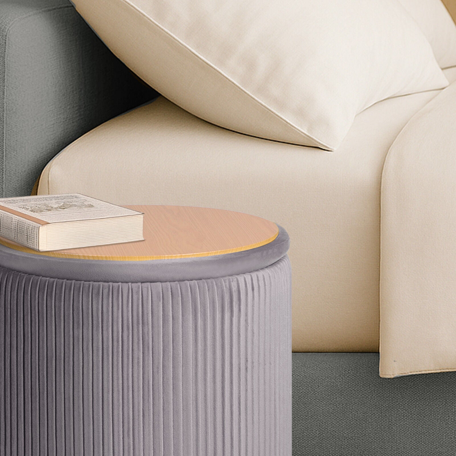 2X Side Table Storage Ottoman - Velvet Stool MIRA Grey