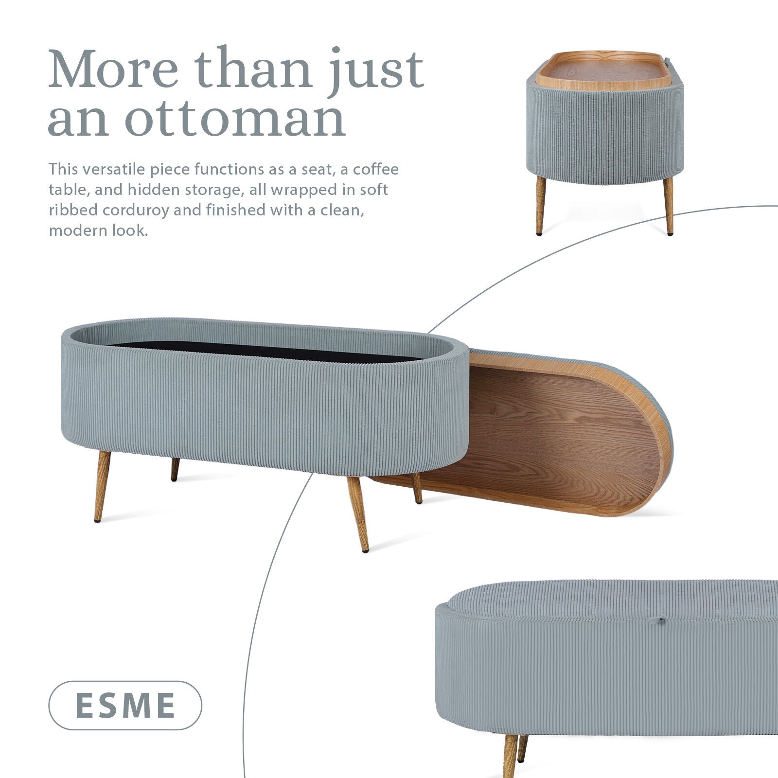 Coffee Table Storage Ottoman - Corduroy Padded Blanket Box Bench ESME - DUSTY BLUE