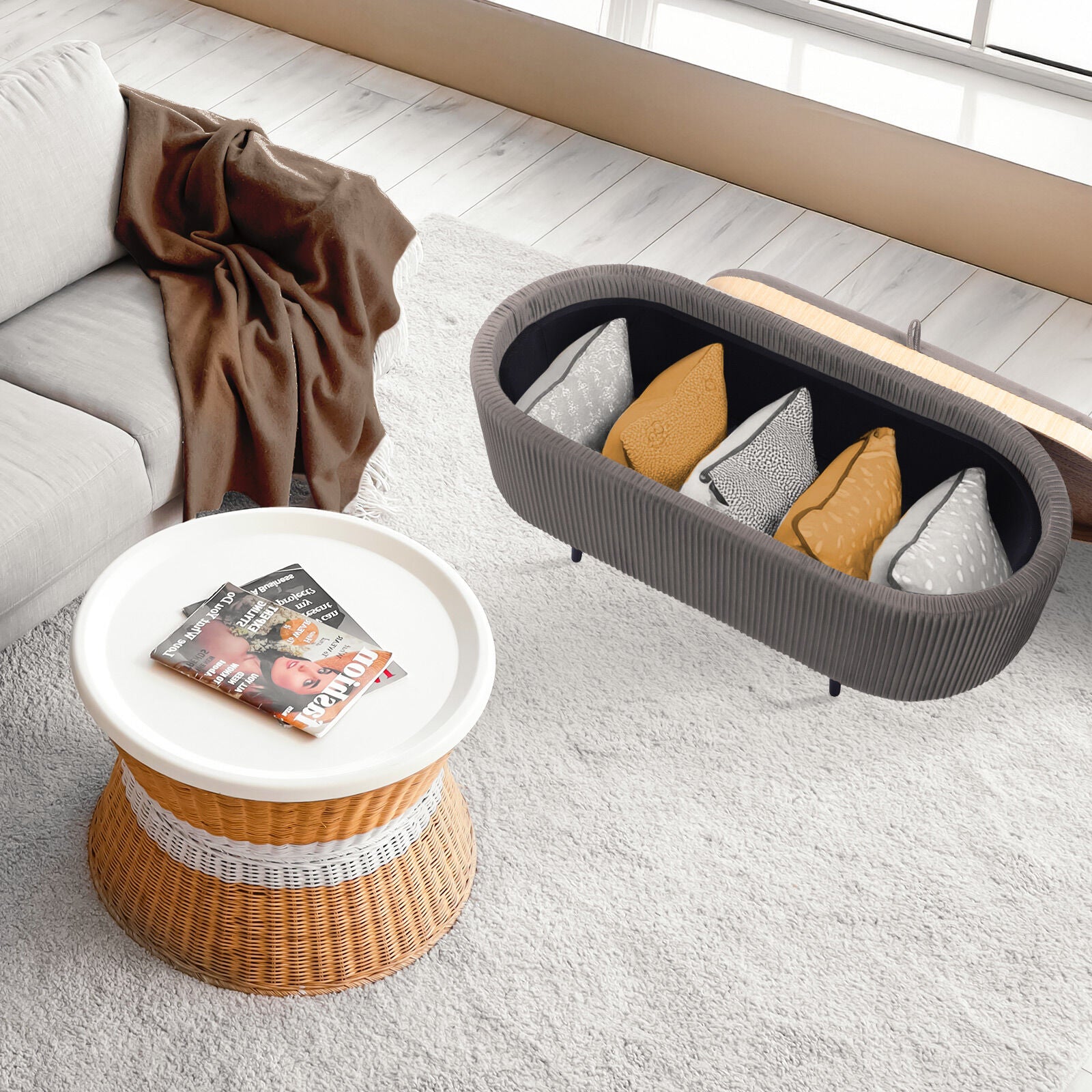 Coffee Table Storage Ottoman - Velvet Padded Blanket Box Bench IRENE GREY