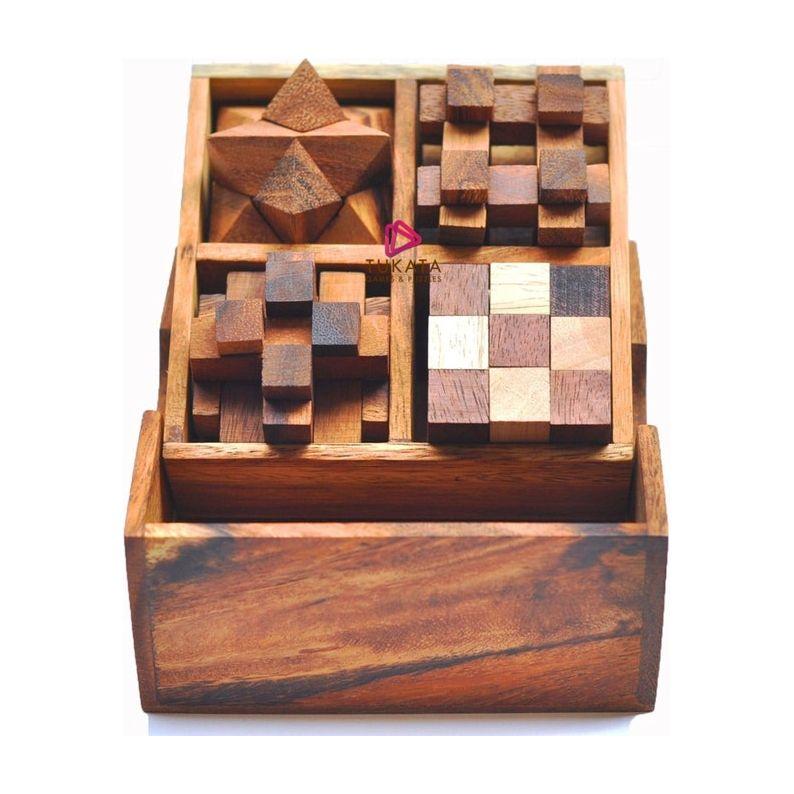 4 individual brainteaser wooden puzzles in a gift wooden box