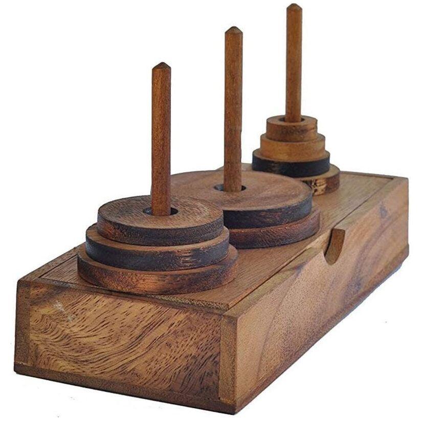 Pagoda 9 ring brain teaser puzzle, wood, handmade 3D puzzle-arrange rings on end column to solve