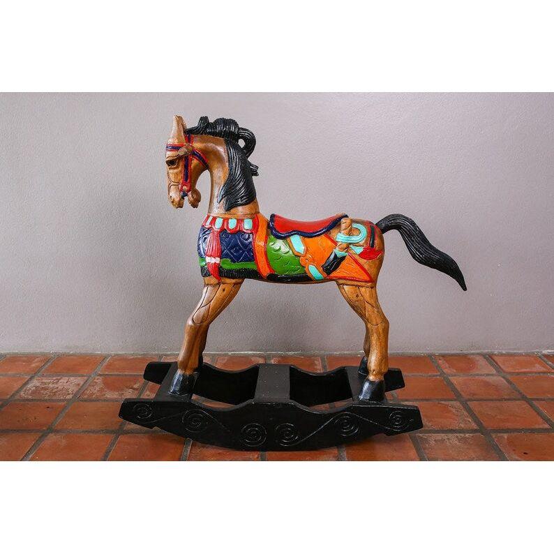 Rocking horse handmade solid wood-beautiful hand painted detail-very unique