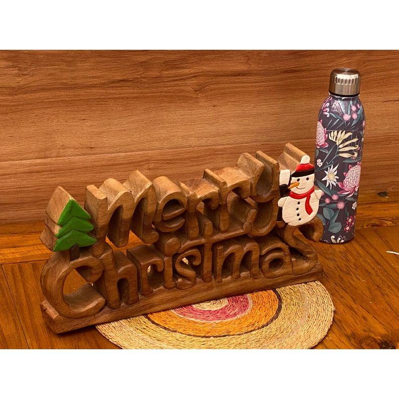 Wooden carved Merry Christmas decoration 38 cm long with Tree and Star