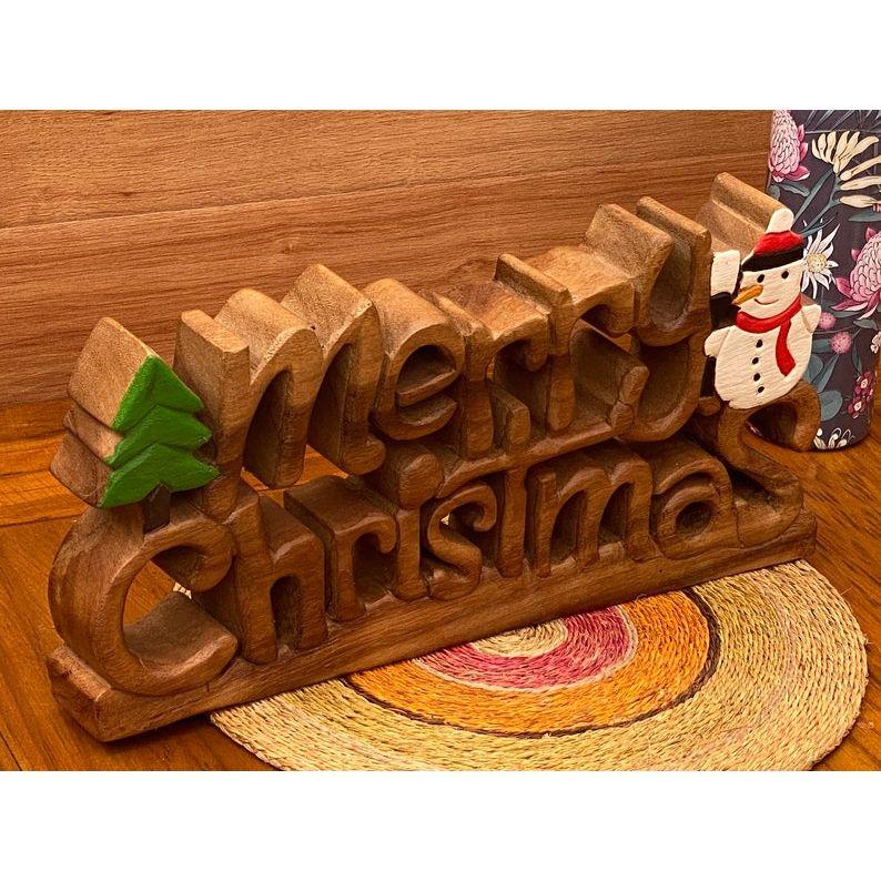 Wooden carved Merry Christmas decoration 38 cm long with Tree and Star