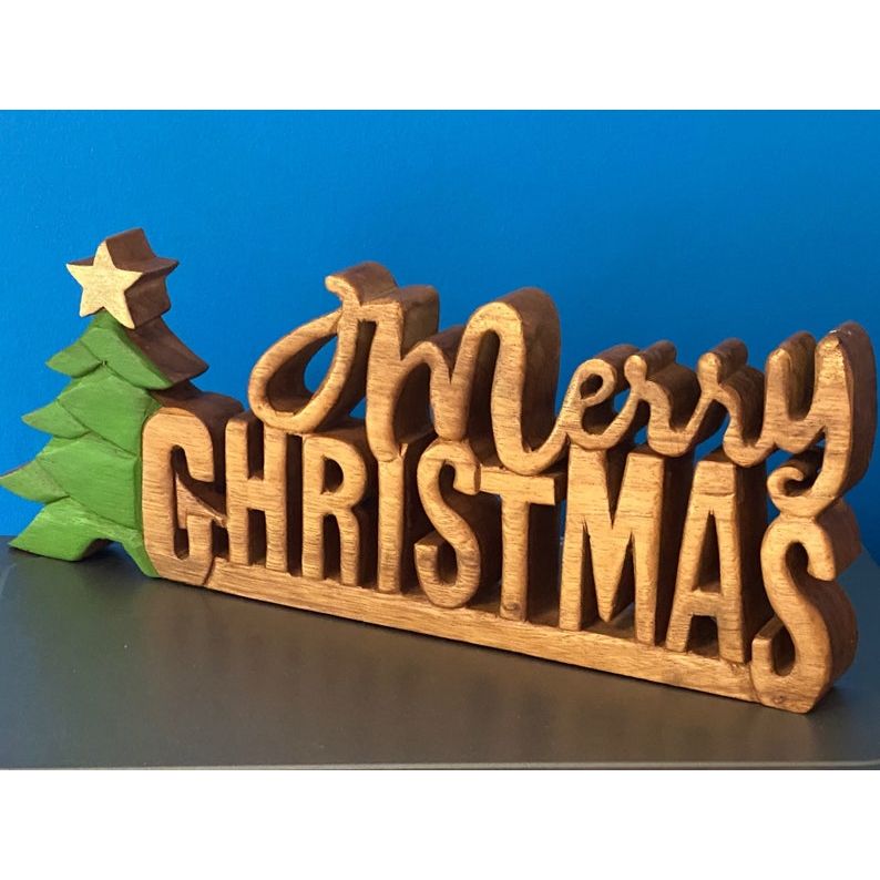 Wooden carved Merry Christmas decoration 38 cm long with Tree and Star