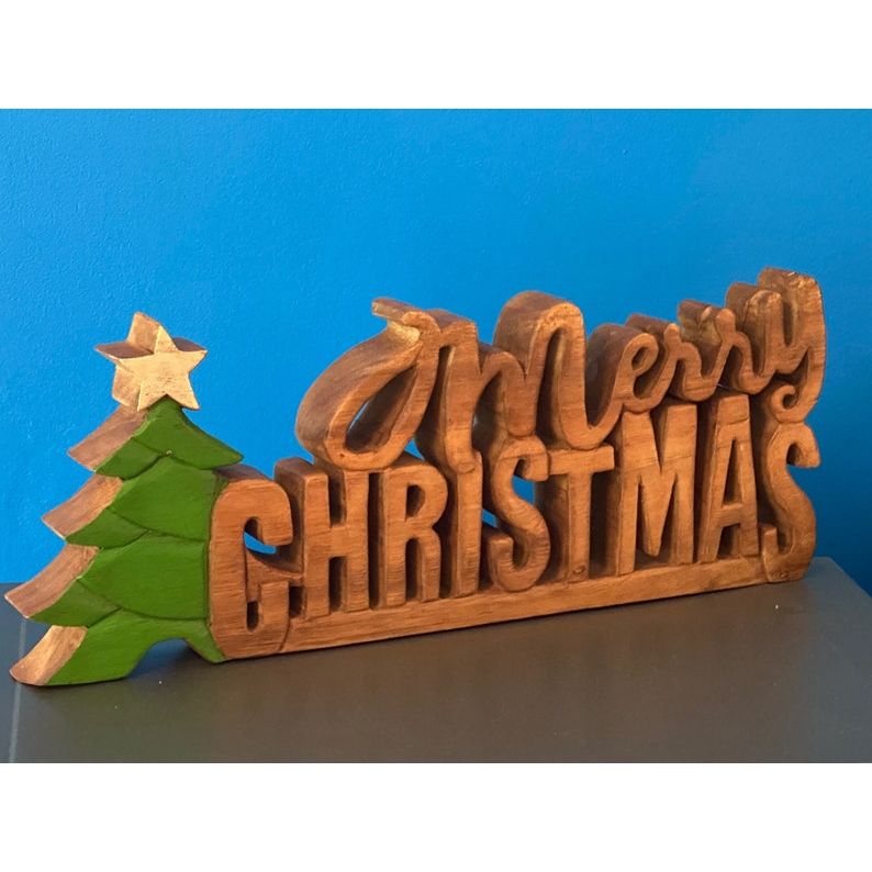 Wooden carved Merry Christmas decoration 38 cm long with Tree and Star